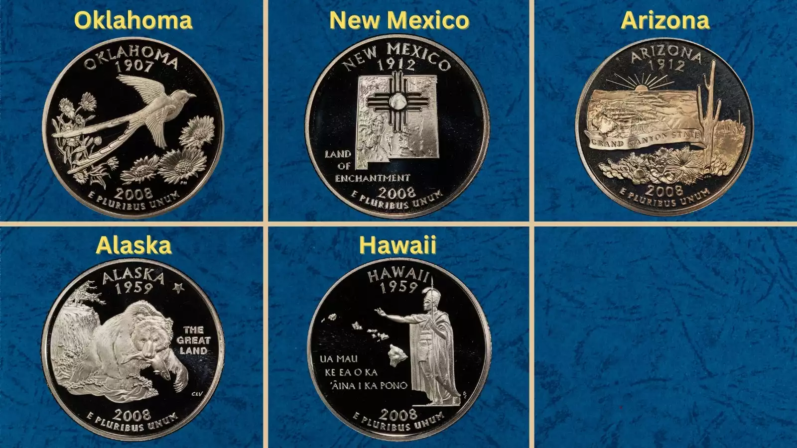 Five 2008 Washington State Quarters showing Oklahoma, New Mexico, Arizona, Alaska and Hawaii designs