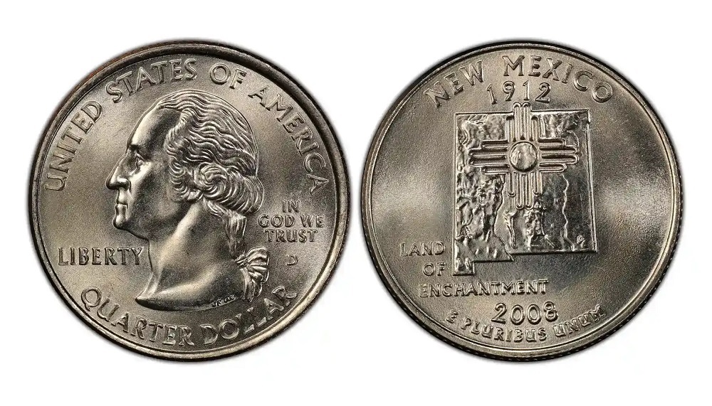 Grading strip showing 2008 Oklahoma quarter in four condition tiers from worn to gem uncirculated side by side