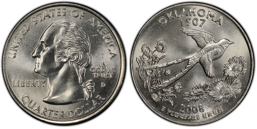 Side-by-side comparison of common circulated and gem uncirculated 2008-P Oklahoma quarters showing surface quality difference