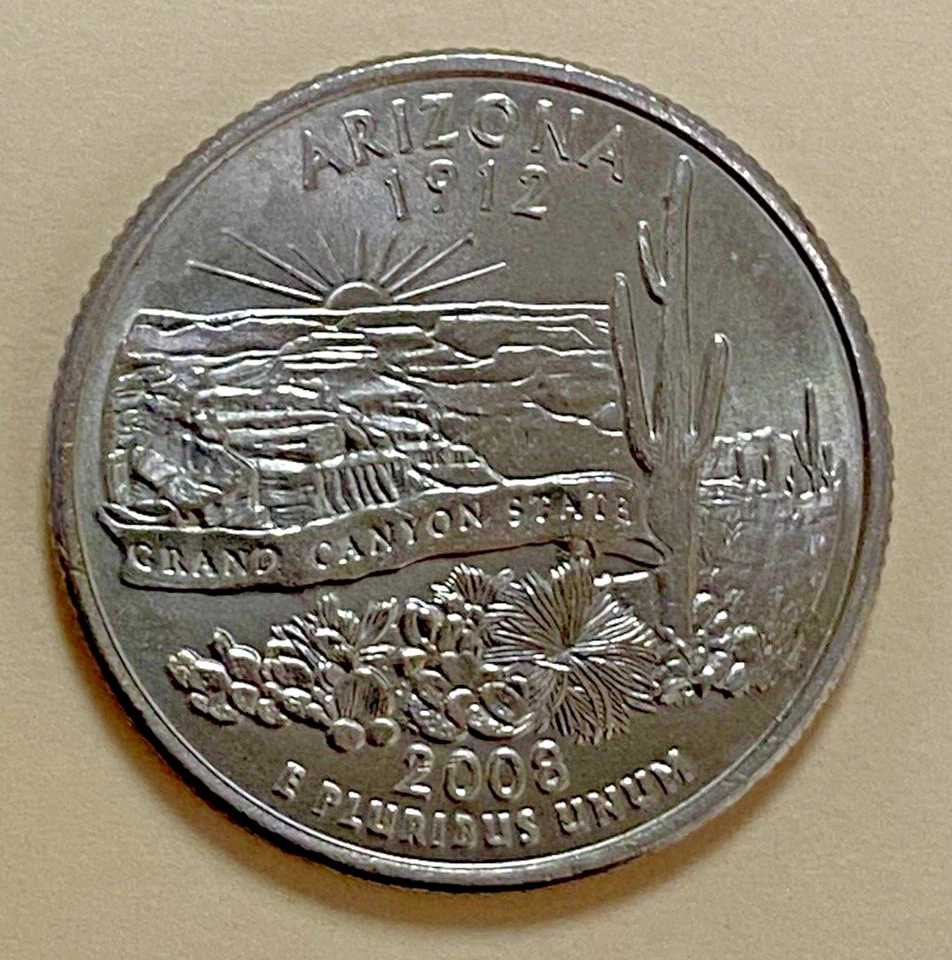 Close-up of 2008 Arizona quarter reverse showing Extra Cactus die break variety with additional protrusion on saguaro cactus