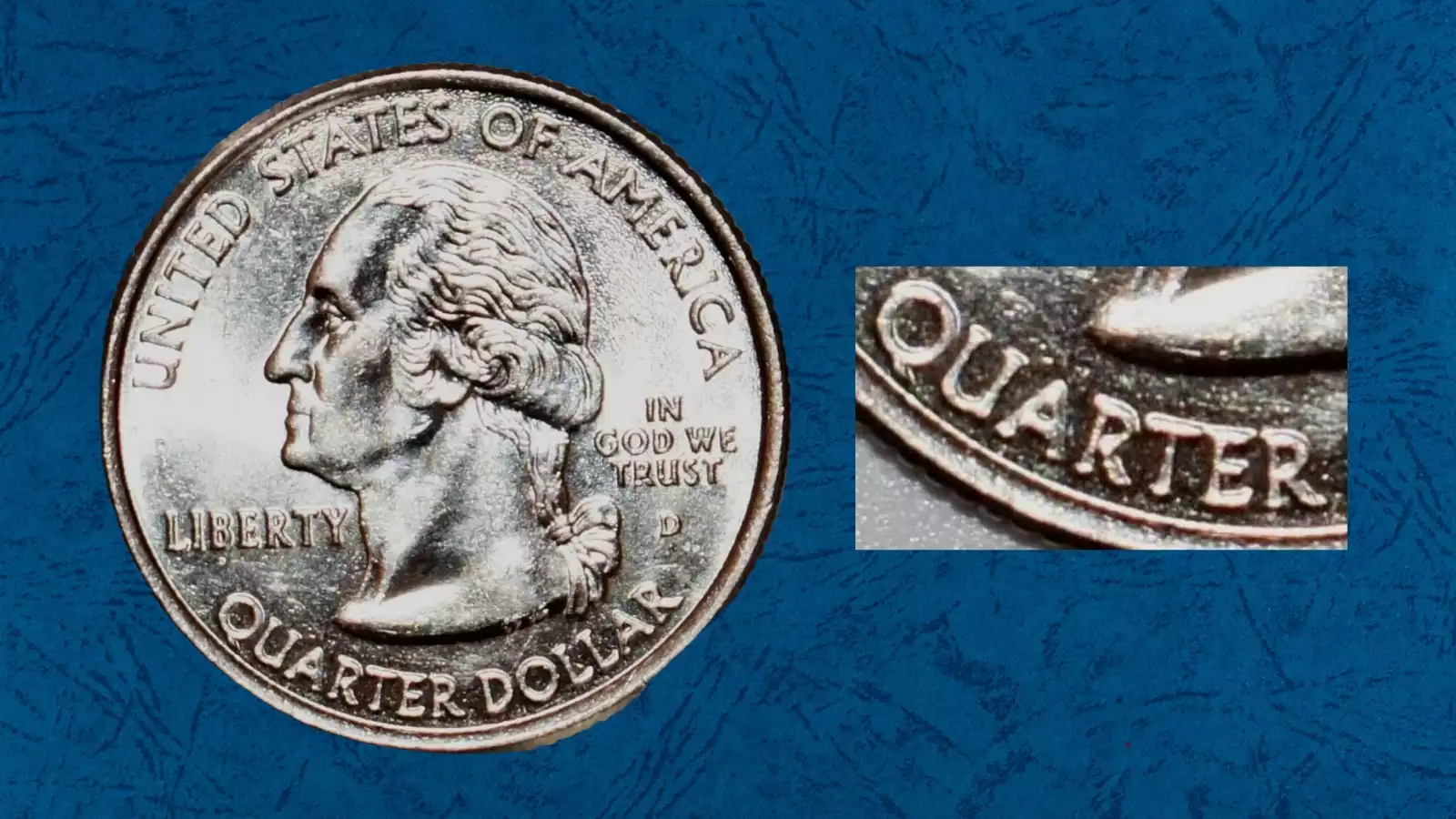 Close-up of 2008 quarter obverse showing Doubled Die Obverse error with doubled lettering visible on LIBERTY and IN GOD WE TRUST