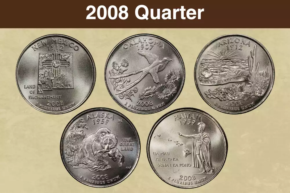Group photo of all five 2008 State Quarter reverse designs arranged in production order: Oklahoma, New Mexico, Arizona, Alaska, Hawaii